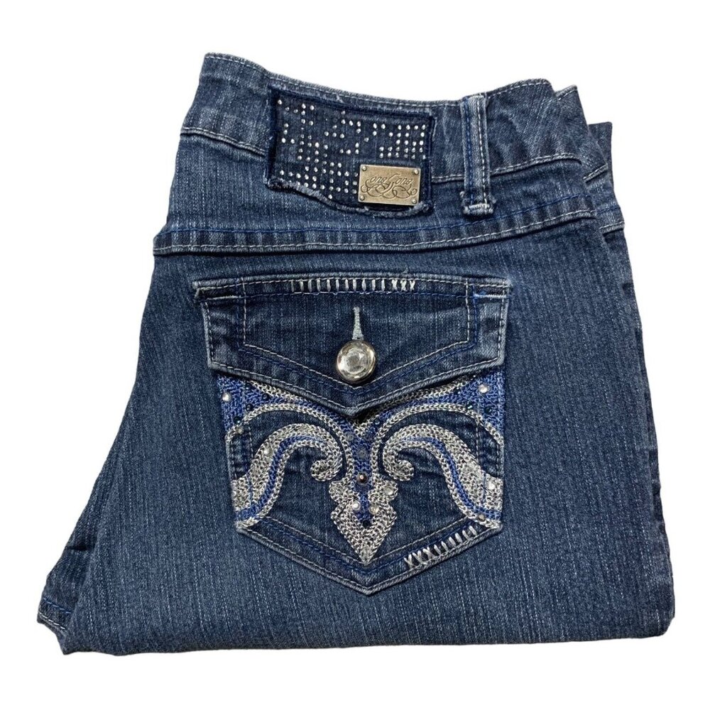 One One Size 6 Blue Embroidered Jeans Fleur De Lis Back Pockets Womens Blue